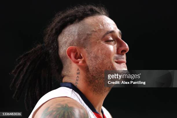 Daniel Diaz of Team Colombia shows his emotions following defeat during the Wheelchair Basketball Men's preliminary round group A match between team...