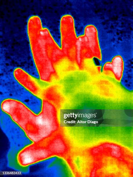 love. thermal image of a couple with clasped hands. - hot wife stockfoto's en -beelden