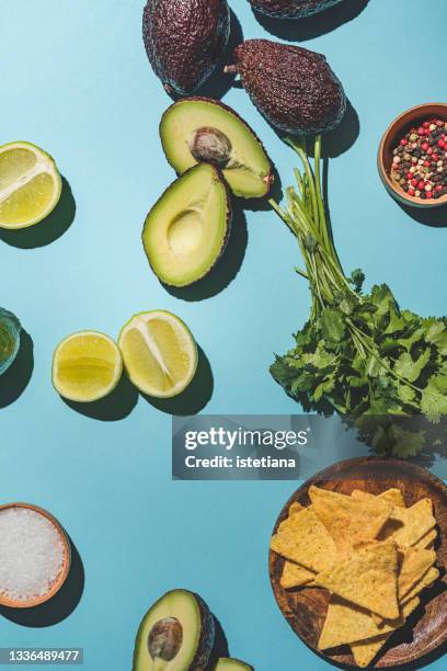 guacamole sauce ingredients - ingredient flatlay stock pictures, royalty-free photos & images