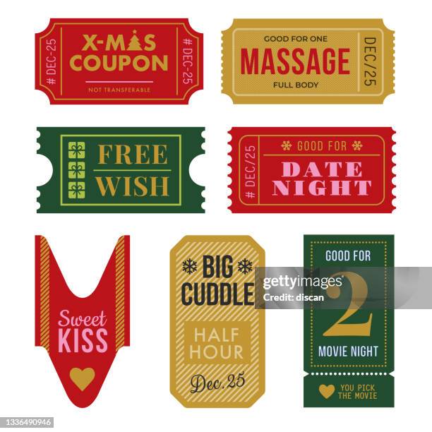 ilustraciones, imágenes clip art, dibujos animados e iconos de stock de juego de entradas de navidad y cupón. - kiss paper