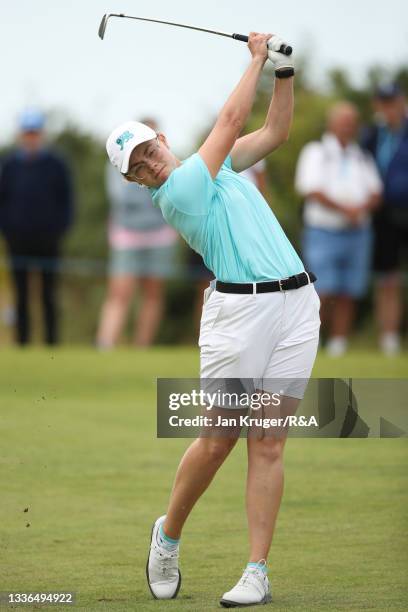 Annabel Wilson of Team Great Britain and Ireland plays their 2nd shot on the 6th hole during day one of The Curtis Cup at Conwy Golf Club on August...