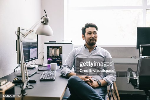 Hombre japonés cándido en la oficina Hombre japonés cándido en la oficina