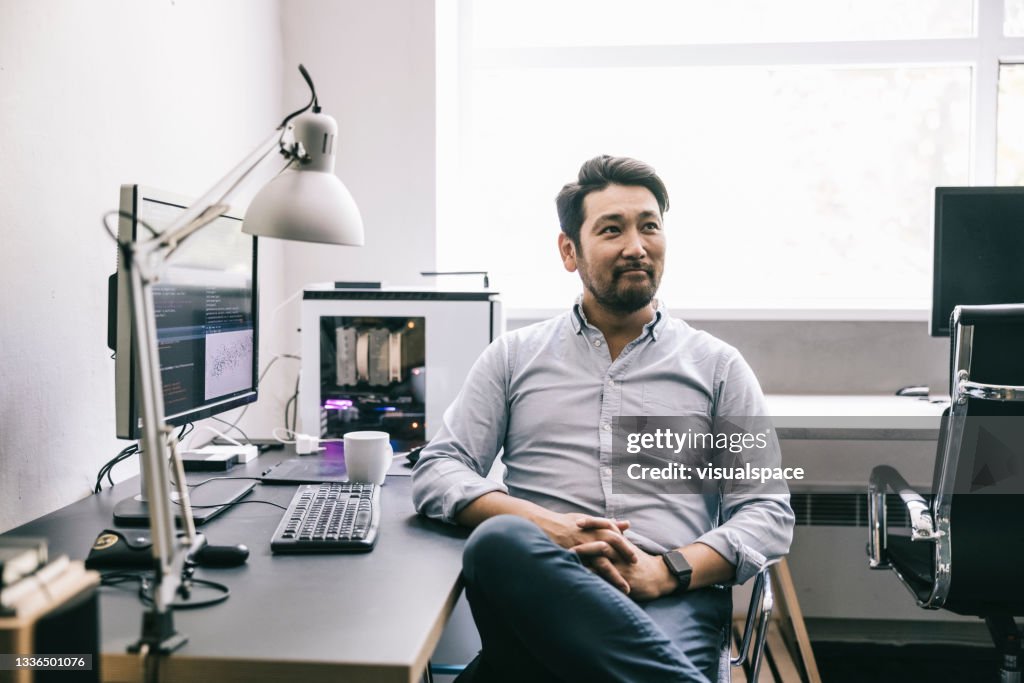 Candid Japanese man in the office
