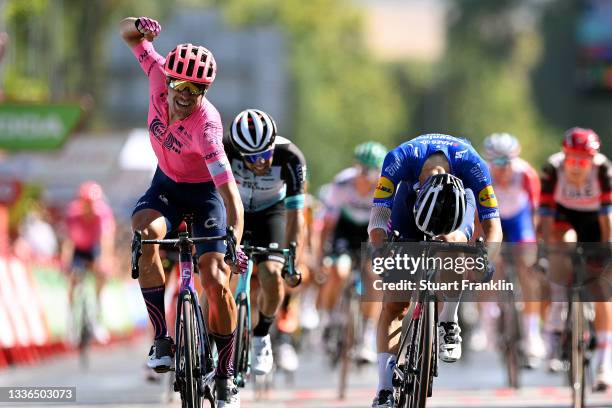 Magnus Cort Nielsen of Denmark and Team EF Education - Nippo celebrates winning ahead of Andrea Bagioli of Italy and Team Deceuninck - Quick-Step and...