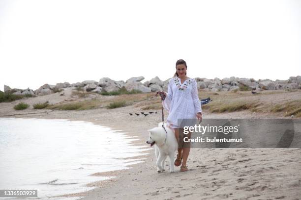 mujer joven paseando a su perro - akita inu fotografías e imágenes de stock