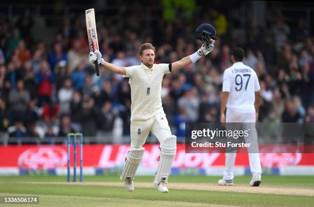 England batsman Joe Root celebrates his century during day two of the Third Test Match between England and India at Emerald Headingley Stadium on...