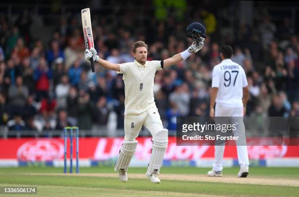 England batsman Joe Root celebrates his century during day two of the Third Test Match between England and India at Emerald Headingley Stadium on...