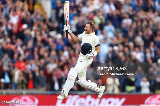 Joe Root of England celebrates reaching his century during day two of the Third Test Match between England and India at Emerald Headingley Stadium on...