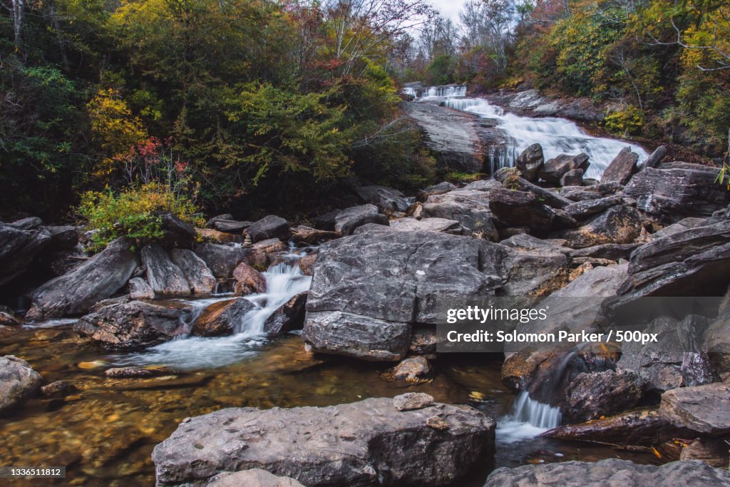 Scenic view of waterfall in forest,Graveyard Fields,United States,USA