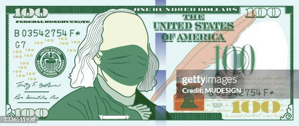 stockillustraties, clipart, cartoons en iconen met one hundred dollars bill with wearing surgical mask - honderd dollar