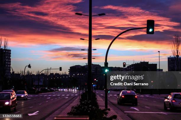 sunset at the downtown - solar street light stock pictures, royalty-free photos & images