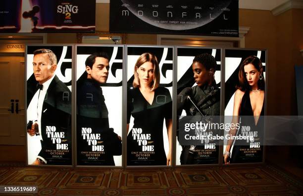 An illuminated advertisement for the upcoming "No Time to Die" movie is displayed at Caesars Palace during CinemaCon, the official convention of the...