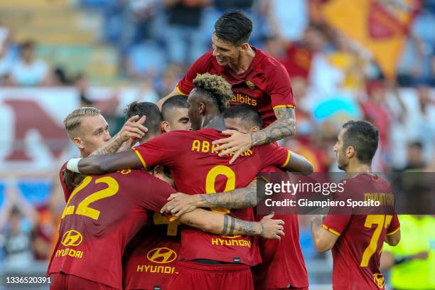 Bryan Cristante of AS Roma celebrates with his teammates after scoring the opening goal during the UEFA Conference League Play-Offs Leg Two match...