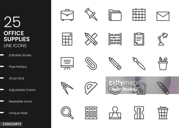 office supplies line icons - note pad on table stock illustrations