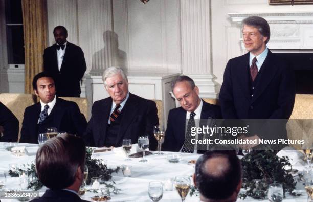 President Jimmy Carter offers remarks at a working dinner in honor of Israeli Prime Minister Yitzhak Rabin during a working dinner in the White...