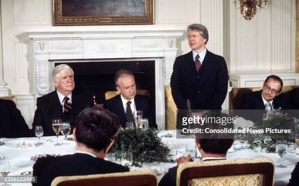 President Jimmy Carter offers remarks at a working dinner in honor of Israeli Prime Minister Yitzhak Rabin during a working dinner in the White...