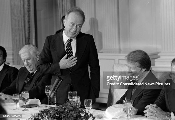 Israeli Prime Minister Yitzhak Rabin offers remarks at a working dinner in his honor hosted by US President Jimmy Carter in the White House's State...