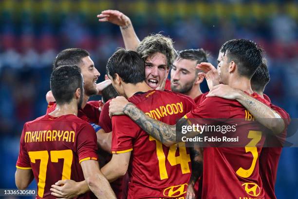 Nicolò Zaniolo celebrates with teammates after scoring the second goal of his team during the UEFA Conference League Play-Offs Leg Two match between...