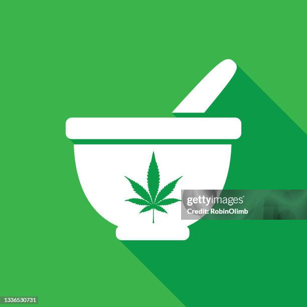 marijuana leaf mortar and pestle icon - marijuana store stock illustrations