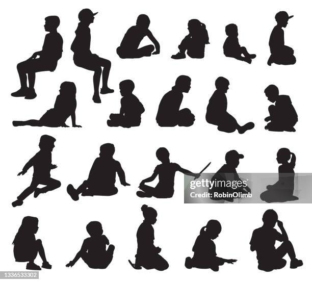 children sitting silhouettes - kid plain background stock illustrations
