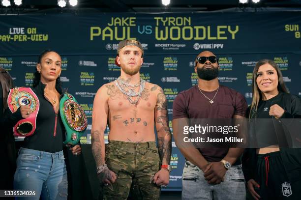 Amanda Serrano, Jake Paul, Tyron Woodley, and Yamileth Mercado who are all on the card for the August 29 fight pose for a photo at the Hilton...