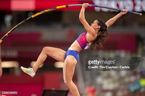 August 5: Robeilys Peinado of Venezuela in action in the pole vault final for women during the Track and Field competition at the Olympic Stadium at...