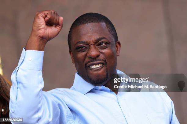 State Senator Brian Benjamin pumps his fist as he celebrates during a press conference announcing him as Lt. Governor on August 26, 2021 in New York...