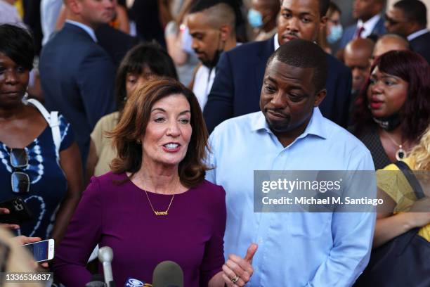New York Gov. Kathy Hochul and State Senator Brian Benjamin speak with memnbers of the press after a press conference announcing State Senator Brian...