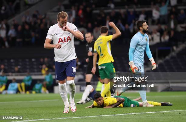 Harry Kane of Tottenham Hotspur celebrates after scoring their team's second goal during the UEFA Conference League Play-Offs Leg Two match between...