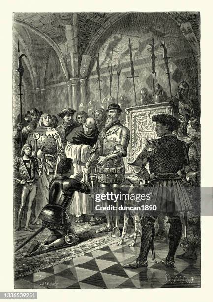 edward iii, king of england, receiving john de coupland, medieval english history - squire stock illustrations