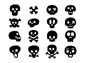 Hand drawn set of black skulls and crossbones silhouette