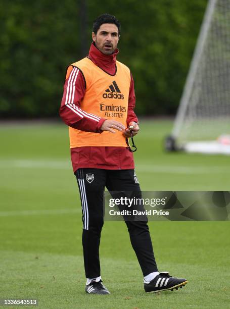 Mikel Arteta the Manager of Arsenal during the 1st team training session at Arsenal Training Centre on August 26, 2021 in London, England.