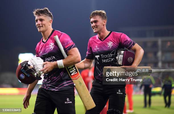 Tom Lammonby and Tom ABell of Somerset celebrates after hitting the winning runs during the Vitality T20 Blast Quarter Final match between Somerset...