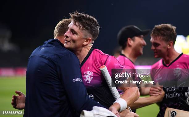 Steve Kirby, Bowling Coach of Somerset and Tom Abell of Somerset celebrate following the Vitality T20 Blast Quarter Final match between Somerset CCC...
