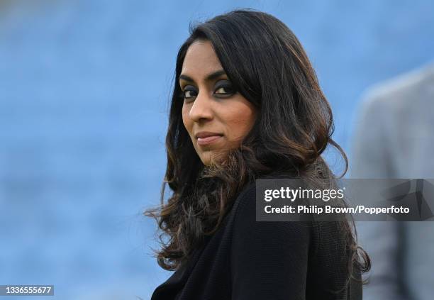 Isa Guha working for BBC television after day two of the 3rd LV= Test Match between England and India at Emerald Headingley Stadium on August 26,...