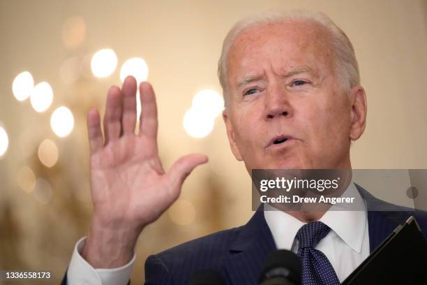 President Joe Biden speaks about the situation in Kabul, Afghanistan from the East Room of the White House on August 26, 2021 in Washington, DC. At...