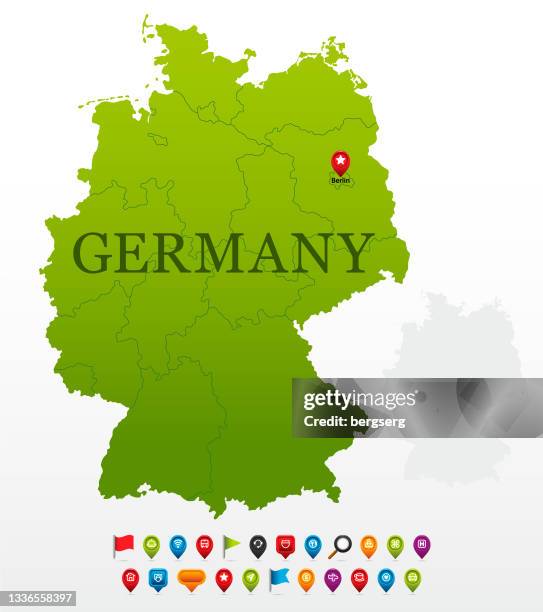 germany green map with regions and navigation icons - denmark road stock illustrations