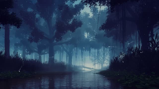 Creepy night forest and magical lights above calm river