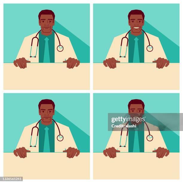 mature doctors (mid-adult) wearing a stethoscope and holding a blank sign, with facial expressions of smiling, talking, and anger - stern form stock illustrations