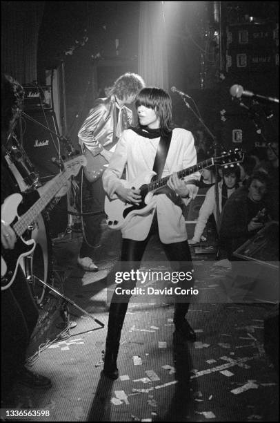 Chrissie Hynde and James Honeyman-Scott on guitar and Pete Farndon on bass guitar of The Pretenders performing at the Nashville Rooms, London, UK on...