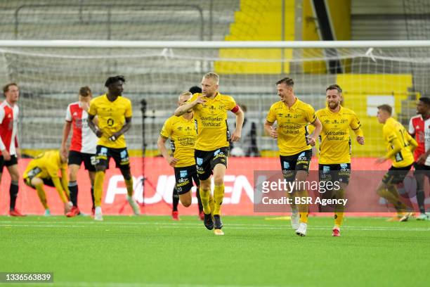 Johan Larsson of IF Elfsborg celebrate first IF Elfsborg goal of the evening during the UEFA Conference League match between IF Elfsborg and...