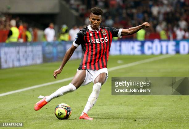 Hicham Boudaoui of Nice during the Ligue 1 match between OGC Nice and Olympique de Marseille at Allianz Riviera Stadium on August 22, 2021 in Nice,...