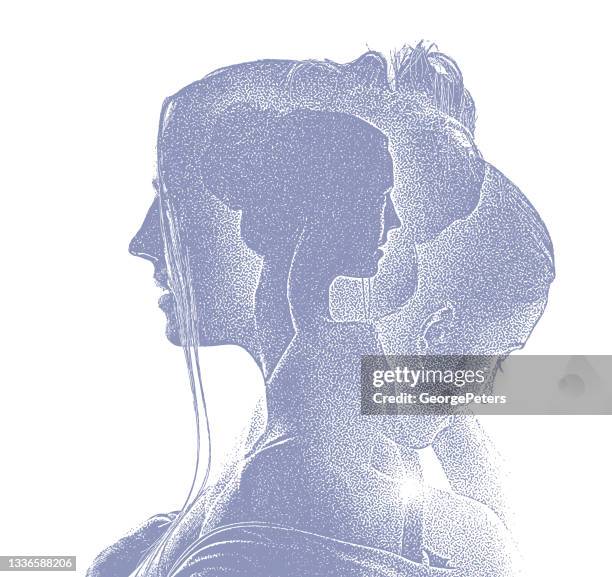 ilustrações de stock, clip art, desenhos animados e ícones de multiple exposure of woman in recovery - head forward white background