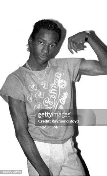 Singer Bobby Brown of New Edition poses for photos outside his hotel room at the Holiday Star Theatre in Merrillville, Indiana in 1985.