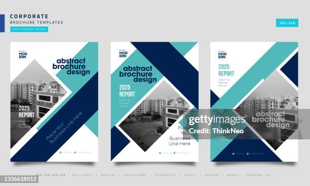 set of blue and teal brochure annual report cover flyer poster layout - file folder design stock illustrations