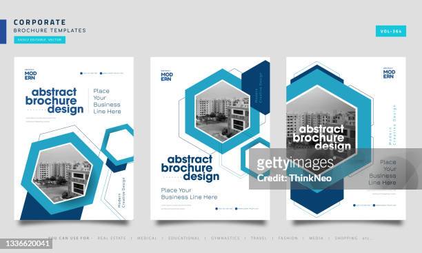 brochure geometric hexagon layout design template set - flyer leaflet stock illustrations