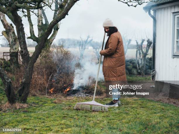 woman raking and burning branches in garden - fire rake stock pictures, royalty-free photos & images