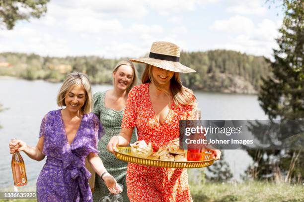 female friends at lake - woman picnic dress stock pictures, royalty-free photos & images