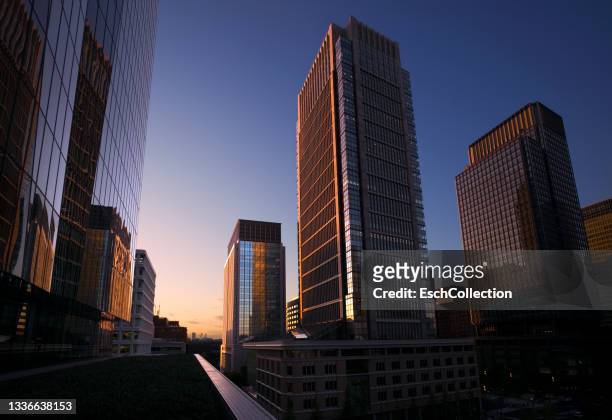 beautiful sunrise at marunouchi business district of tokyo, japan - bank building photos et images de collection