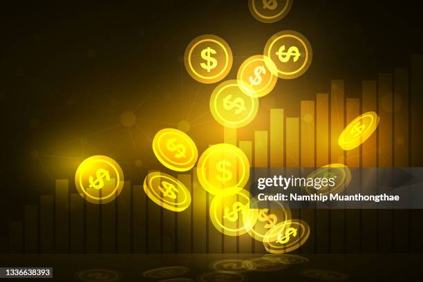 finance and economic illustration concept shows shiny golden coins dropping on the floor with the increasing graph for making financial and business growth background. - stock market floor stock pictures, royalty-free photos & images